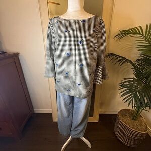 Alyx Black and White Gingham Top with Flower Detail and Slit Sleeve